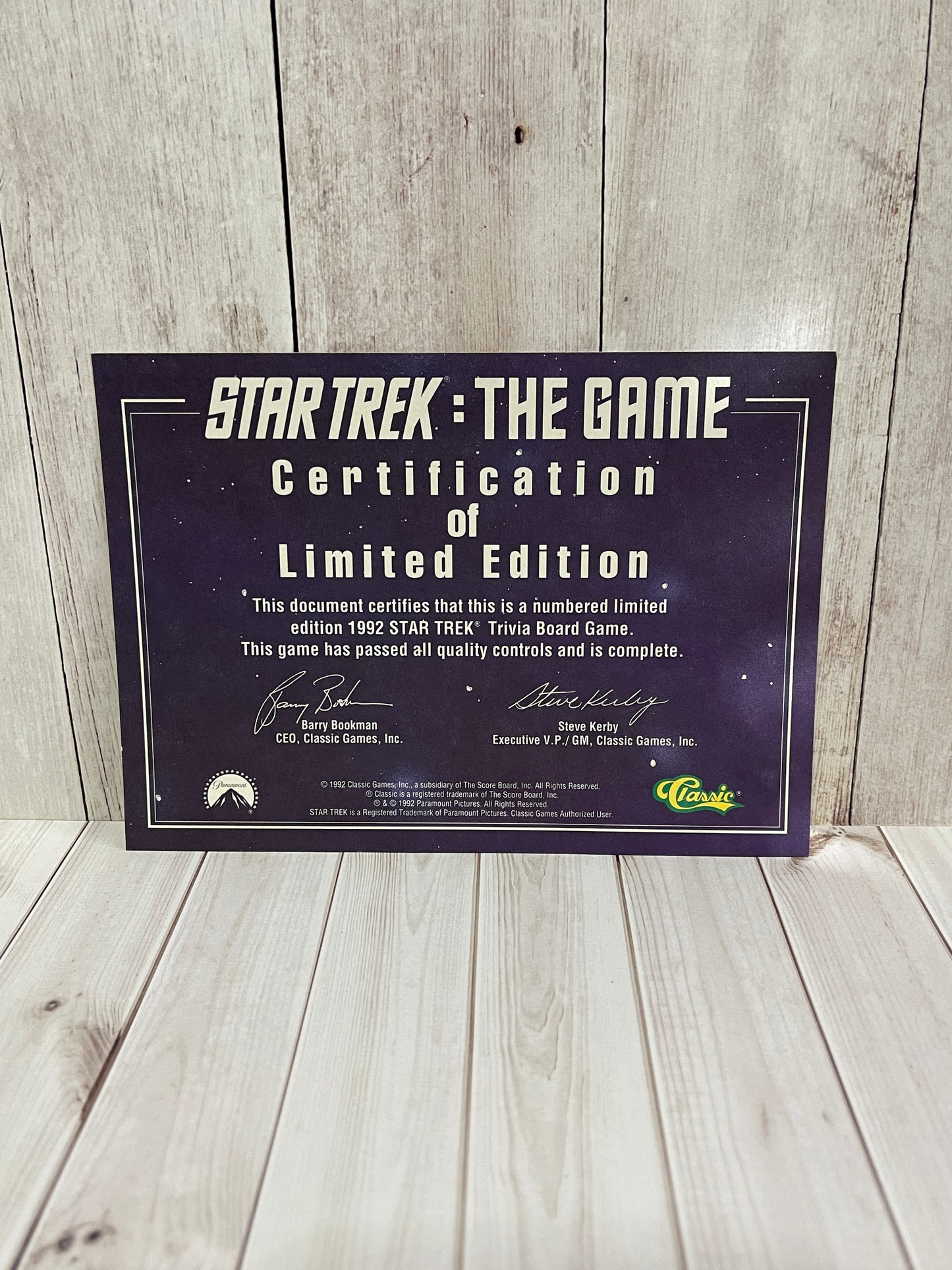 Star Trek The Game - 1992 Replacement Certification of Limited Edition