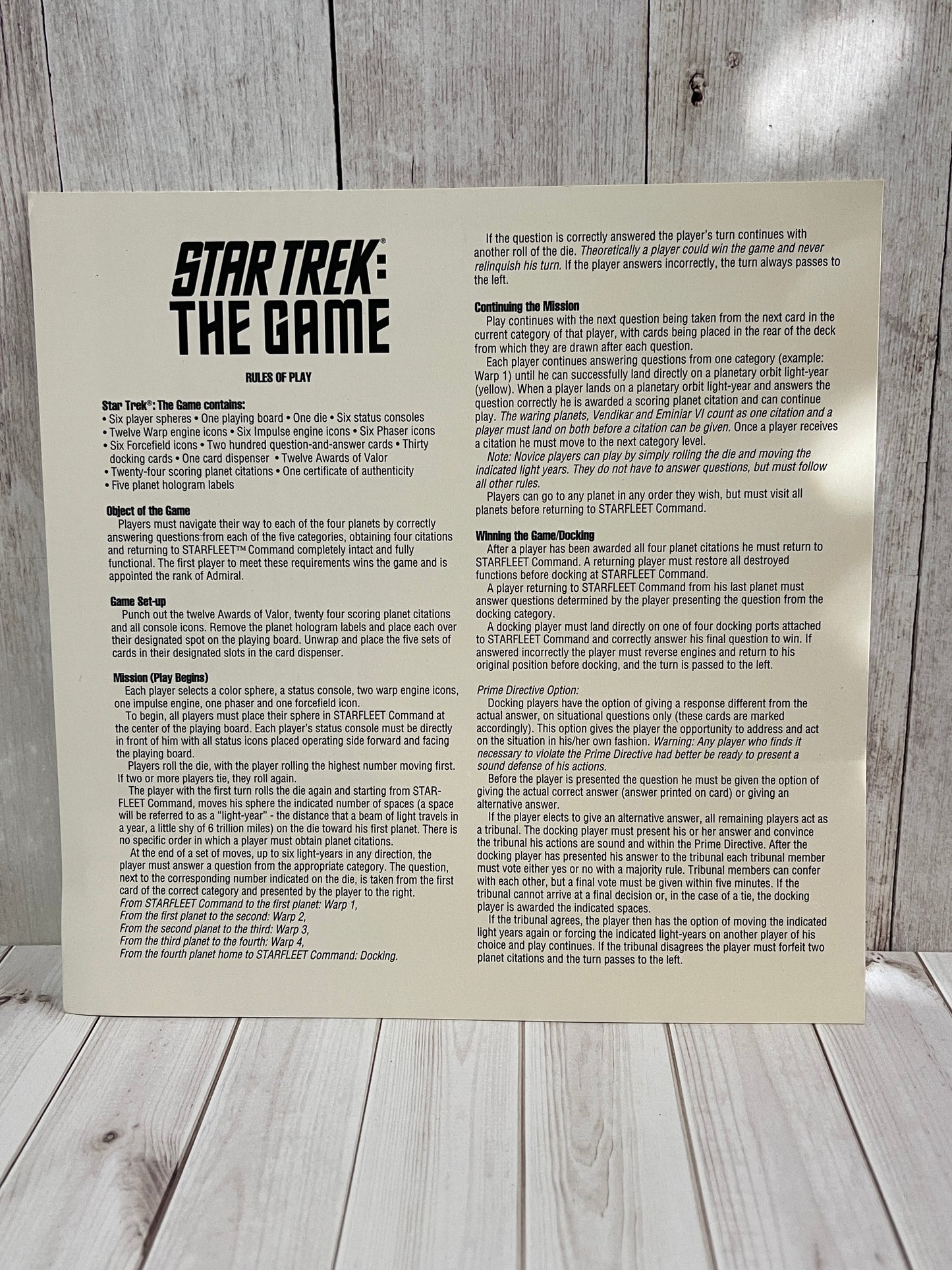 Star Trek The Game - 1992 Replacement Instruction Sheet